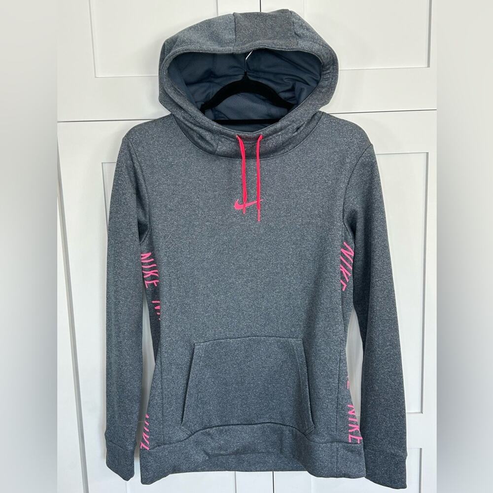 Nike Dri-FIT Hoodie Gray Pink Logo Pullover Women’s Small Athletic Sweatshirt